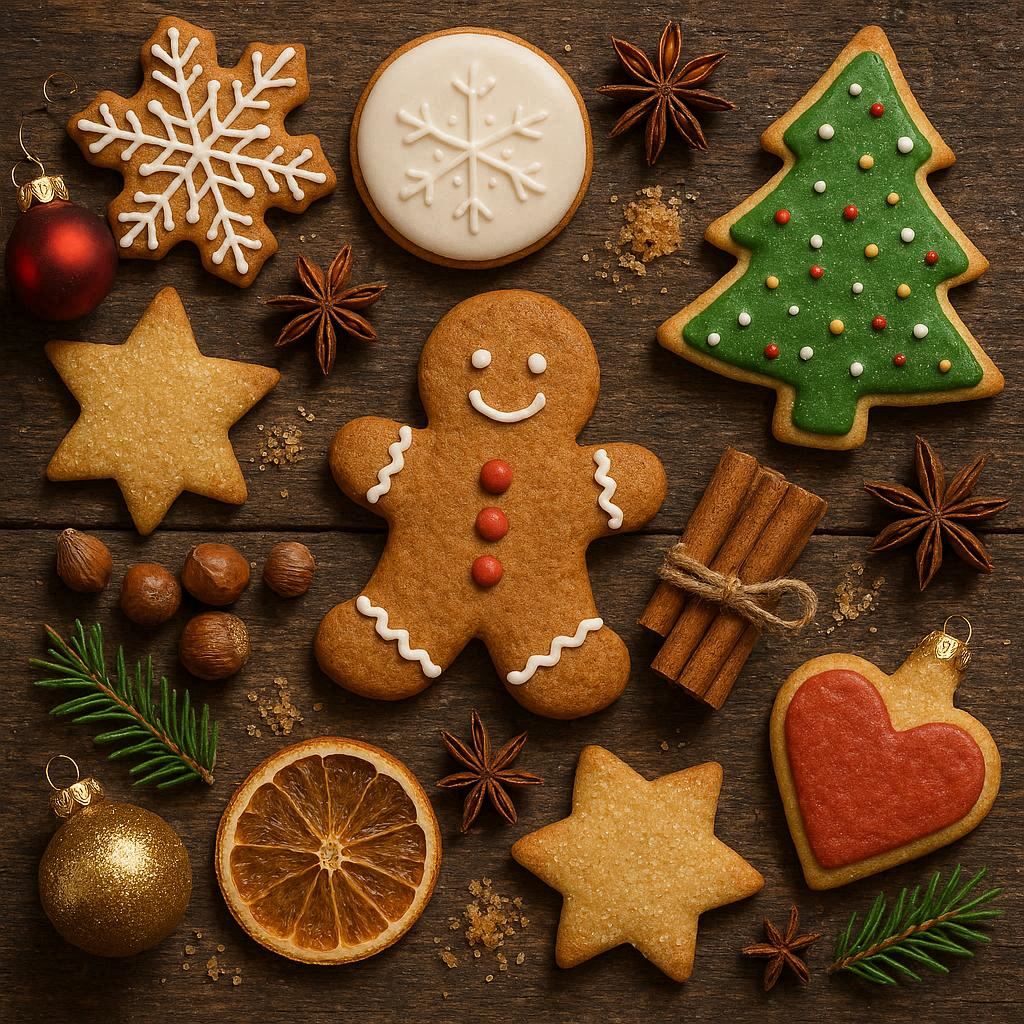A detailed flat-lay of holiday cookies, spices, and ornaments on a rustic wooden table, photorealistic.