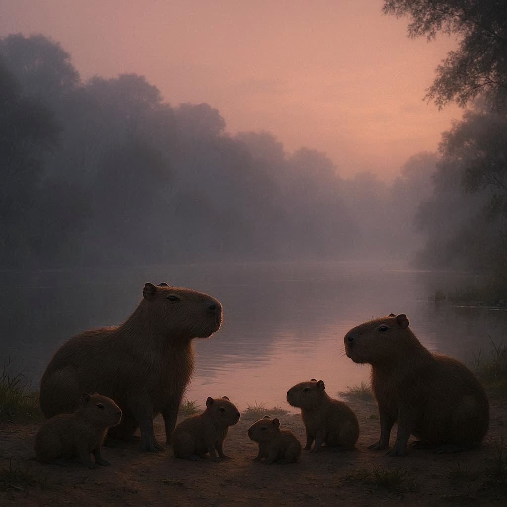 Panoramic scene family of capybaras on a misty riverbank at dusk, soft directional light, quiet stillness.